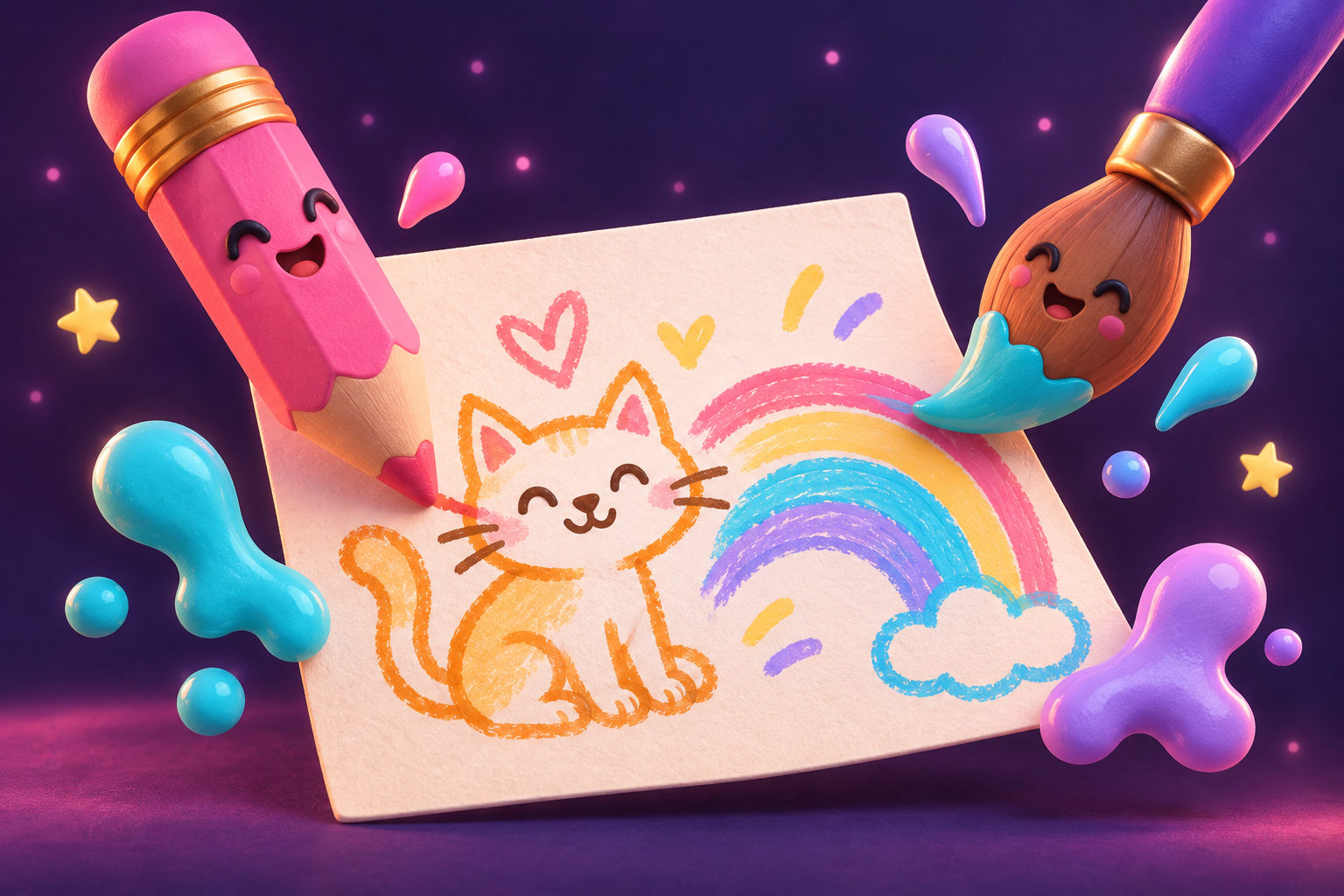 Bunte Stifte zeichnen eine Katze und einen Regenbogen